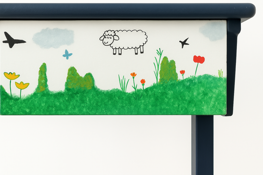 Ensemble de bureau et chaise d'écolier relooké sur le thème du Petit Prince de St Exupéry