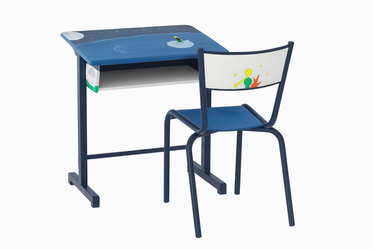 Ensemble de bureau et chaise d'écolier relooké sur le thème du Petit Prince de St Exupéry